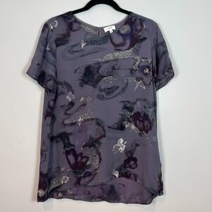 Wilfred 100% Silk Womens Purple Floral Abstract Artsy Flowy Tunic Blouse M Boho